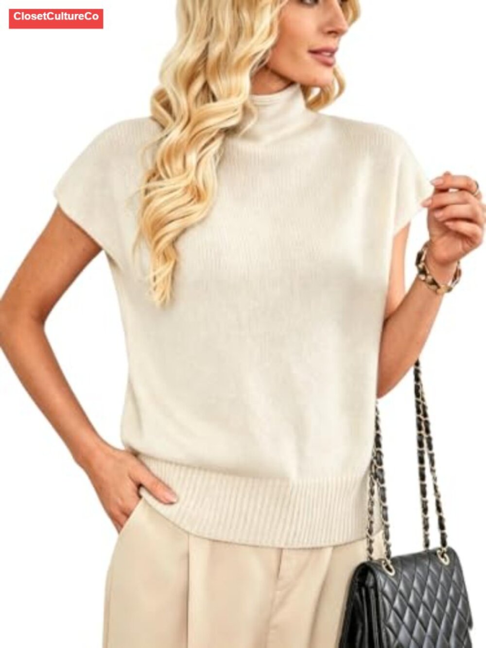 Mock Neck Short Sleeve Sweater Vest Casual Dressy Pullover Top